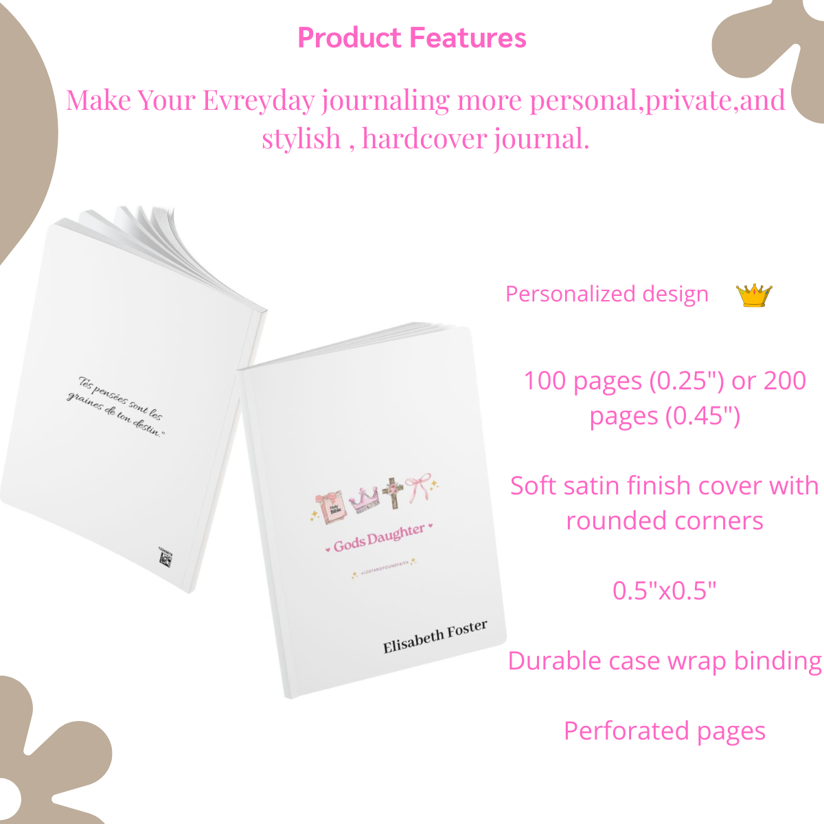 Gods Daughter softcover journal | Religious Christian notebook with cross and crown design