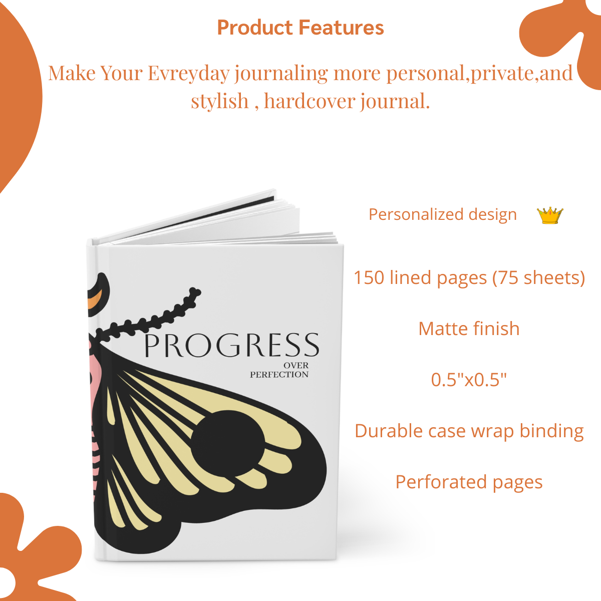 Progress Over Perfection Journal | Butterfly Illustration Hardcover Notebook