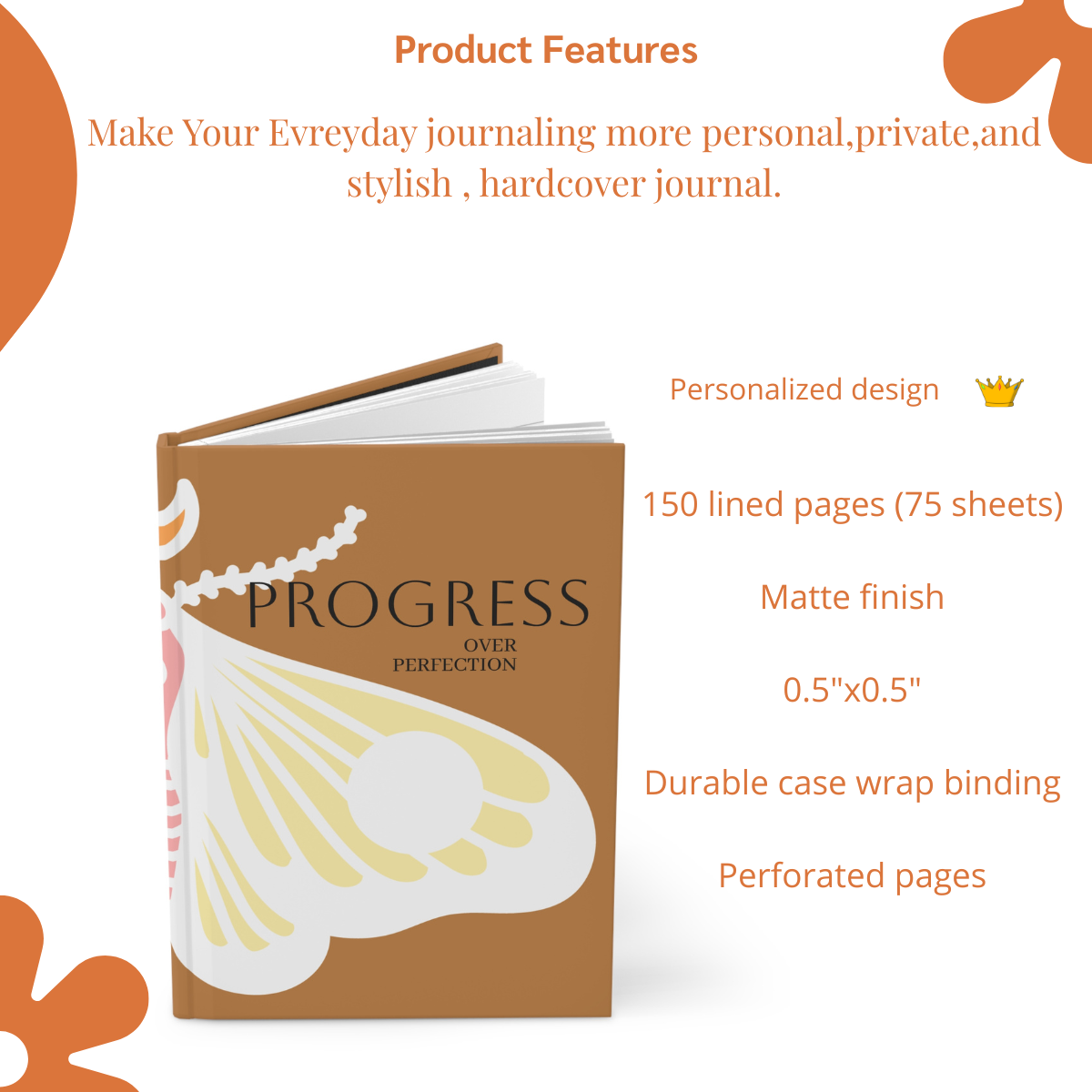 Progress Over Perfection Hardcover Journal | Motivational Floral Butterfly Notebook