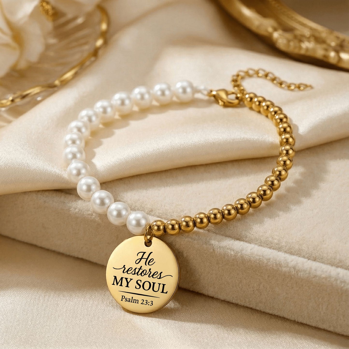 Premium Pearl & Gold Coin Bracelet: Mother of Pearl